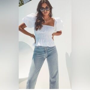 ASTR Savina Square Neck Bubble Sleeve Smocked Blouse Top XS Women White